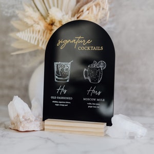 Enseigne de menu de bar à boissons signature | Boissons personnalisées | Menu cocktail personnalisé en acrylique | Panneaux pour dessus de table de mariage Panneaux pour bar Carte des boissons