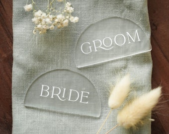 Frosted Bride Groom Arch Table Placement Setting Signs - Bride and Groom Table Setting - Wedding Decor - Bride Groom Placecard