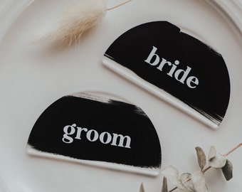 Bride & Groom Arch Table Placement Setting Signs - Bride and Groom Table Setting - Wedding Decor - Bride Groom Placecard White Ink