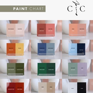 May include: Paint chart with 18 color swatches, each with two names. The colors include peach, pink, red, yellow, blue, green, gray, white, and black.