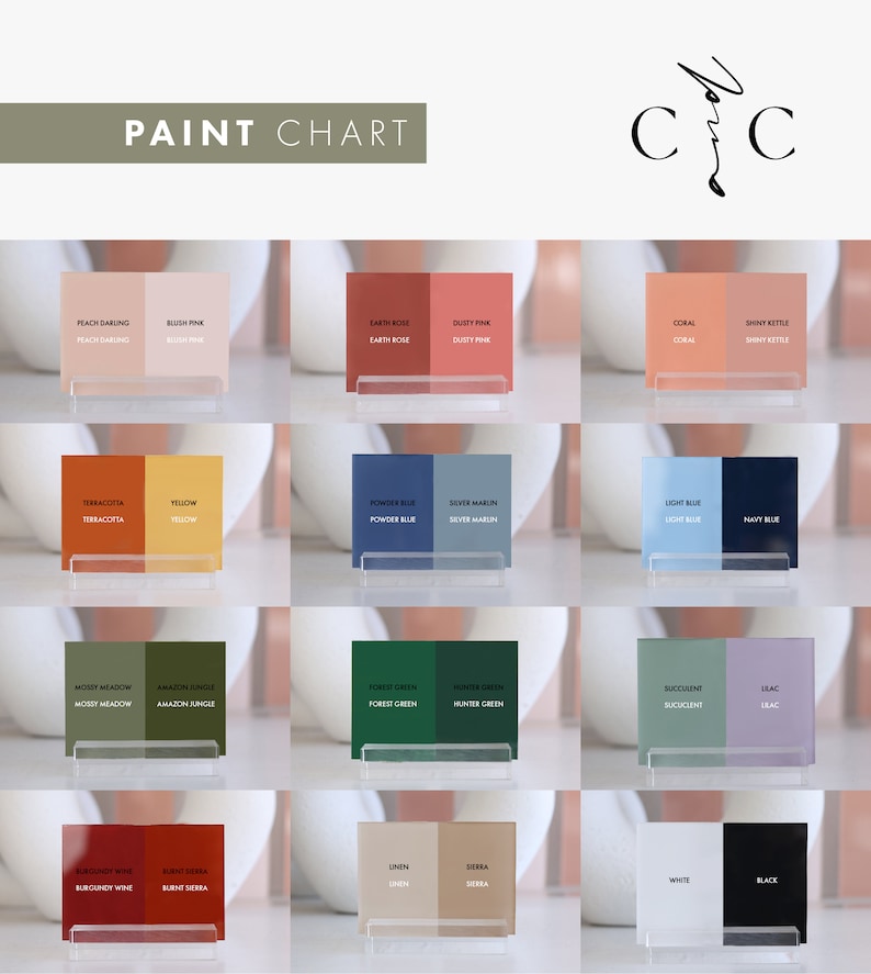 May include: Paint chart with 18 color swatches, each with two names. The colors include peach, pink, red, yellow, blue, green, gray, white, and black.