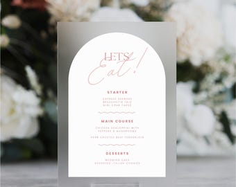 Panneau de menu de mariage Mangeons | Enseigne minimaliste en forme d'arche de menu en acrylique | Menu de mariage | Panneau de menu de restaurant | Tableau personnalisable en signe de menu de mariage