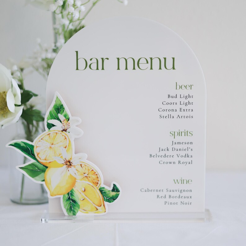 Reception Menu Sign Custom Acrylic Bar Menu Sign, Wedding Bar Menu Sign, Drink Menu Wedding ...