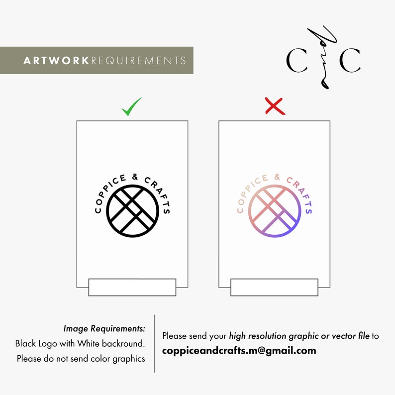 Może przedstawiać: Wymagania dotyczące dzieła sztuki dla projektu logo. Czarno-białe logo z tekstem "Coppice & Crafts" w k&oacute;łku z krzyżem w środku. Logo jest oznaczone zielonym znacznikiem wyboru. Drugie logo z gradientem r&oacute;żowego i niebieskiego jest oznaczone czerwonym X.