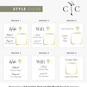 May include: A white style guide with six designs for WiFi network information cards. Each design features the word "WiFi", a gold signal icon, and space for network name and password. The guide includes the text "STYLE GUIDE".