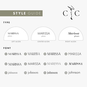 May include: A style guide for a name card with different alignment options for the name "MARISSA pham" and font options for the names "MARISSA" and "johnson".