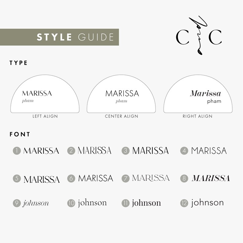 May include: A style guide for a name card with different alignment options for the name "MARISSA pham" and font options for the names "MARISSA" and "johnson".