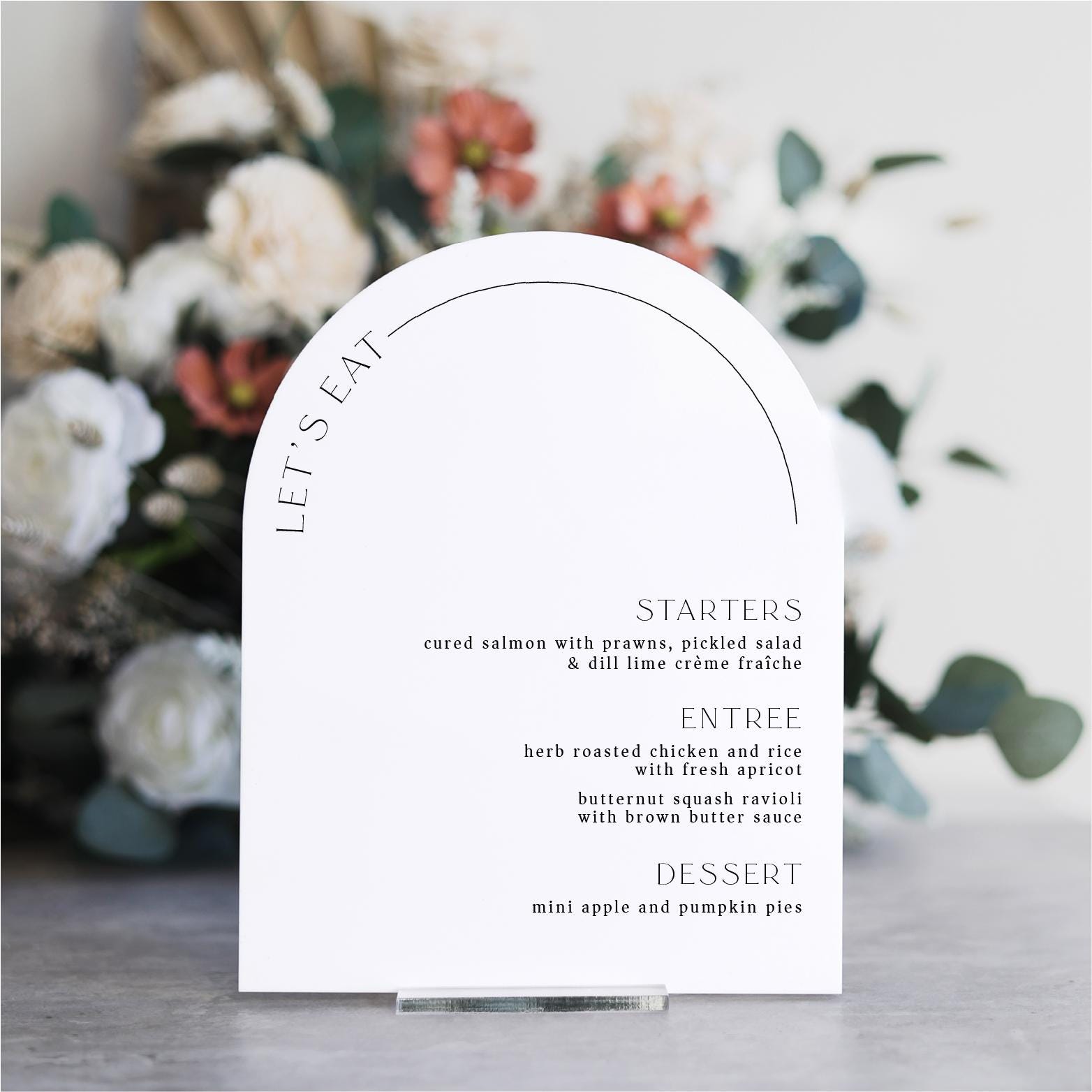 Let's Eat Menu Sign | Minimalist Acrylic Menu Arch Sign | Wedding Menu | Restaurant Menu Sign | Customizable Wedding Menu Sign for Tables
