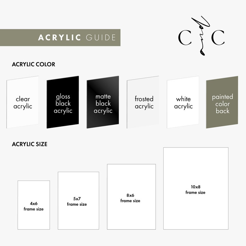 May include: Acrylic guide with color and size options for custom art prints.  Choose from clear, gloss black, matte black, frosted, white acrylic, and a painted color back.  Sizes include 4x6, 5x7, 8x6, and 10x8 inches.