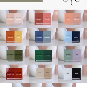 May include: Paint color chart with 20 different color swatches. Each swatch is labeled with the color name. The colors include peach darling, blush pink, earth rose, dusty pink, coral, shiny kettle, terracotta, yellow, powder blue, silver marlin, light blue, navy blue, mossy meadow, amazon jungle, forest green, hunter green, succulent, lilac, burgundy wine, burnt sierra, linen, sierra, white, black, teal, plum, cocoa, and salmon.