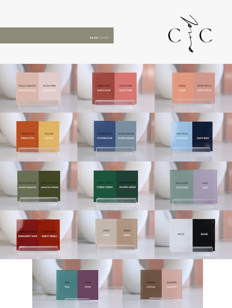 May include: Paint color chart with 20 different color swatches. Each swatch is labeled with the color name. The colors include peach darling, blush pink, earth rose, dusty pink, coral, shiny kettle, terracotta, yellow, powder blue, silver marlin, light blue, navy blue, mossy meadow, amazon jungle, forest green, hunter green, succulent, lilac, burgundy wine, burnt sierra, linen, sierra, white, black, teal, plum, cocoa, and salmon.