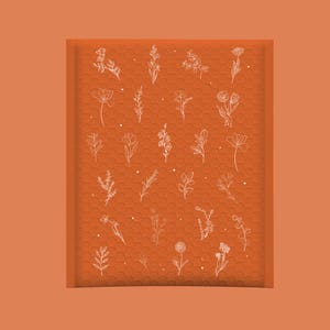 May include: Orange bubble mailer with a white floral pattern. The mailer is made of a durable material and is perfect for shipping small items.