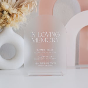 May include: A frosted acrylic memorial sign with an arched top. The text "IN LOVING MEMORY" is at the top, followed by names and relationships: Kenneth Kelly, Maria Kelly, and Healther Johnson. The sign is on a clear acrylic base.
