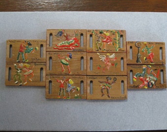 Unique Vintage Wood Belt Plaques  Brightly Painted With Remarks or Descriptions in French