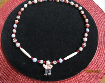 Hand Made Necklace  with little Indian Boy with Braid - Not Native Made