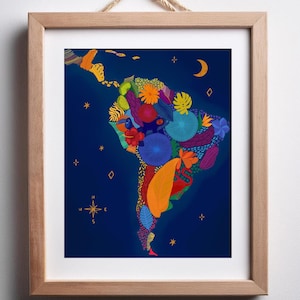 Kleurrijke aquarel tropische kaart van Zuid-Amerika aan de muur, Latijns-Amerikaanse kunstafdruk, woondecoratie Latino boho, digitale poster Latijns-Amerika