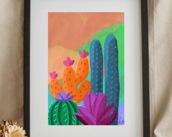 Lebendige Kaktus Kunstdruck | Helle Orange & Grüne Wüsten-Wand-Dekor | Mexikanische Boho | Digital Handgemaltes Southwestern Gemälde