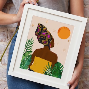 Afro-Latina Woman Wall Art, Black Woman Print, Bohemian Boho Art, Headwrap Art, Feminist African Art, African Roots Art, Black Strong Woman