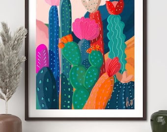 Bunter Kaktus Kunstdruck | Blühende Wüste Wanddekoration | Mexikanische Boho | Lebhaftes Südwesten Gemälde