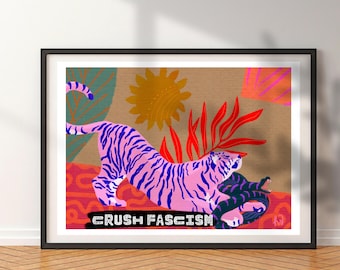 Crush Faschismus Wand Kunst | Tiger Botanischer Druck | Feministische Aktivistin Dekor | Aktivistisches antifaschistisches Plakat