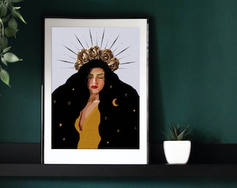 Feminist Latinx Art, Mexican Woman with Crown Poster, Digital Latino Art, Immigrant Wall Print, Catrina Crown, Hispanic Heritage, Folklore