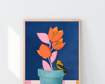 Bunte Topfblumen Kunstdruck | Vogel Wandkunst, Lateinischer Künstler