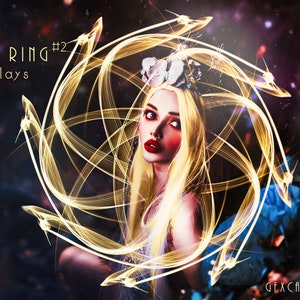 May include: A woman with blonde hair and a crown of flowers is surrounded by a glowing gold ring. The background is a dark, starry sky.