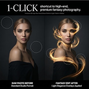 Puede incluir: Una comparativa de pantalla dividida que muestra un retrato de estudio antes y después de aplicar efectos digitales. El texto dice 1-CLICK shortcut to high-end, premium fantasy photography. Includes 60 High-Res Hand-Drawn Swirls & Light Trails in 300dpi.