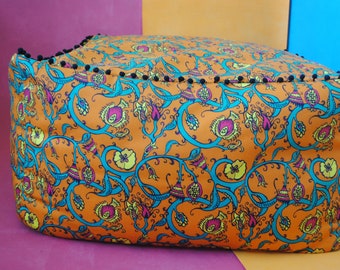 moroccan pouffe, bean bag, seat cushion, puff, poma, pom poms, orange, blural, chic, moroccan, designer, hand made, hand drawn, thistle