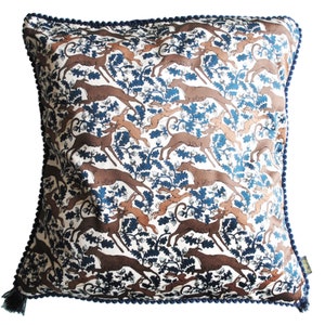 The rabbit and whippet, luxury velvet cushion, complimented with pom-poms and tassels, designer, dog , rabbit, country living, countryside,