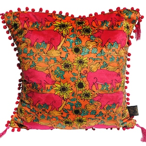 Pink and Orange pig printed velvet cushion ,farm animals, Piggy, animals, floral, farmhouse, luxury, sunflowers, animal,