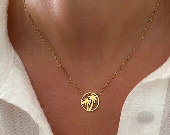 Gold stainless steel necklace for women, palm tree pendant, gift for women