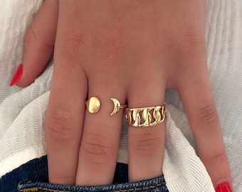 18k gold-plated moon and sun ring, delicate women's ring, chic open band, trendy jewelry, gift for women, Mother's Day gift