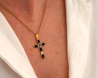 Collier pendentif grande croix noire en acier inoxydable doré, collier religieux croix, collier tendance femme, cadeau pour femme