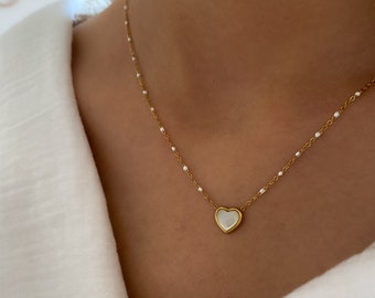 Gold stainless steel heart necklace for women, fine white and gold chain necklace, women's gift, Mother's Day gift