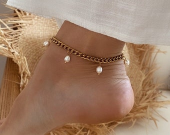 Freshwater pearl and gold stainless steel ankle bracelet for women, boho anklet, women's gift