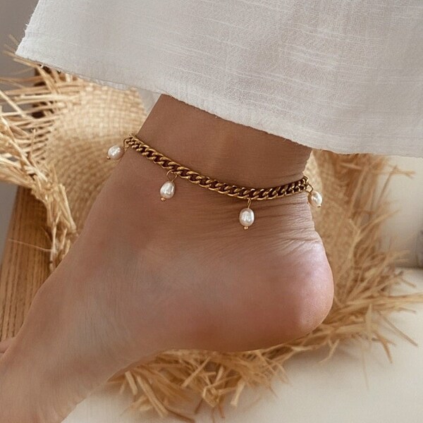 Freshwater pearl and gold stainless steel ankle bracelet for women, boho anklet, women's gift