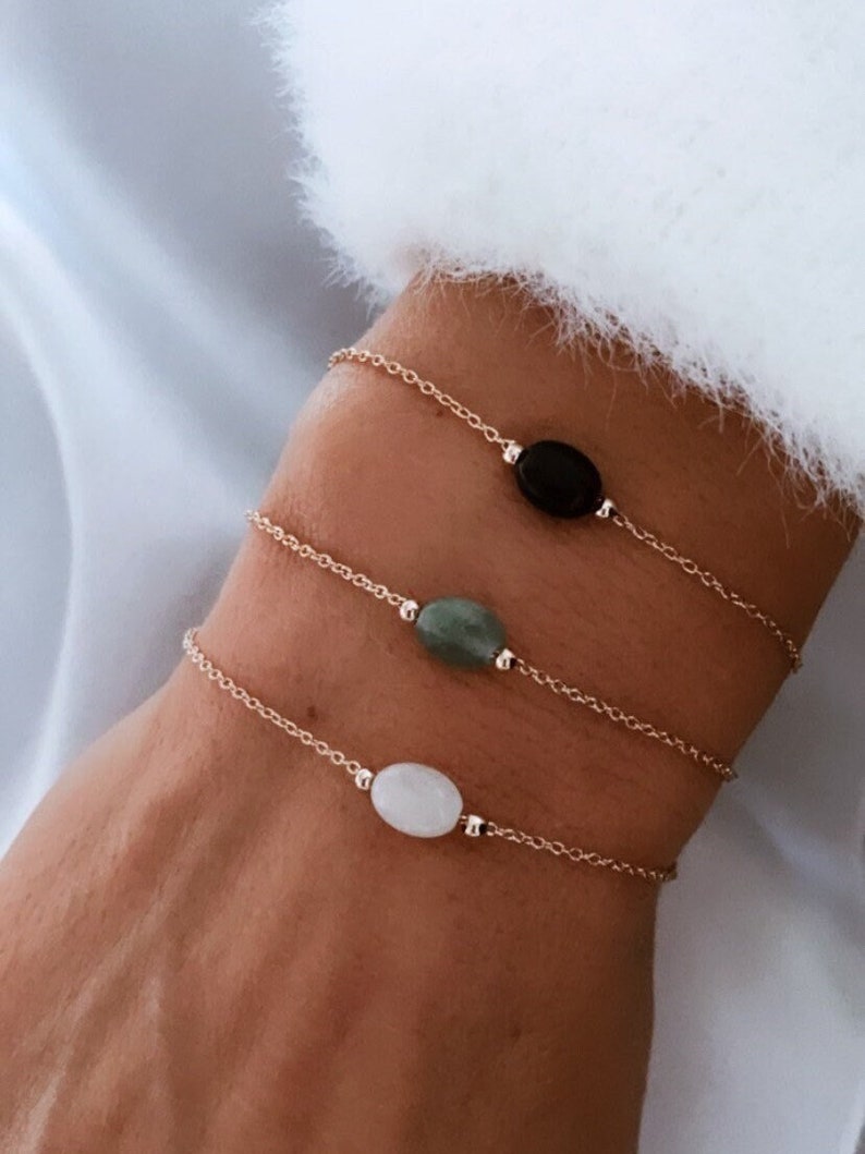 Bracelet fin pierre naturelle en plaqué or pour femme, bracelet pierre de lune, aventurine, obsidienne, cadeau pour femme image 1
