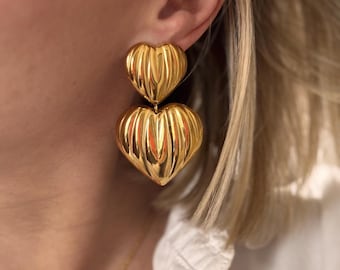 Large heart-shaped drop earrings, gold-plated stainless steel drop earrings, gift for women, Mother's Day gift