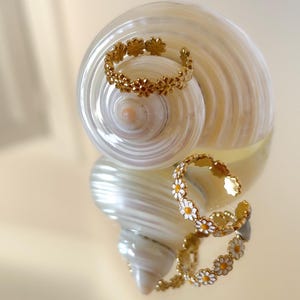 May include: Two gold-colored daisy rings, one plain and one with white and yellow enamel, are displayed near a large, pearlescent seashell. The rings are set against a reflective surface, creating a mirrored effect. The rings are a floral design.