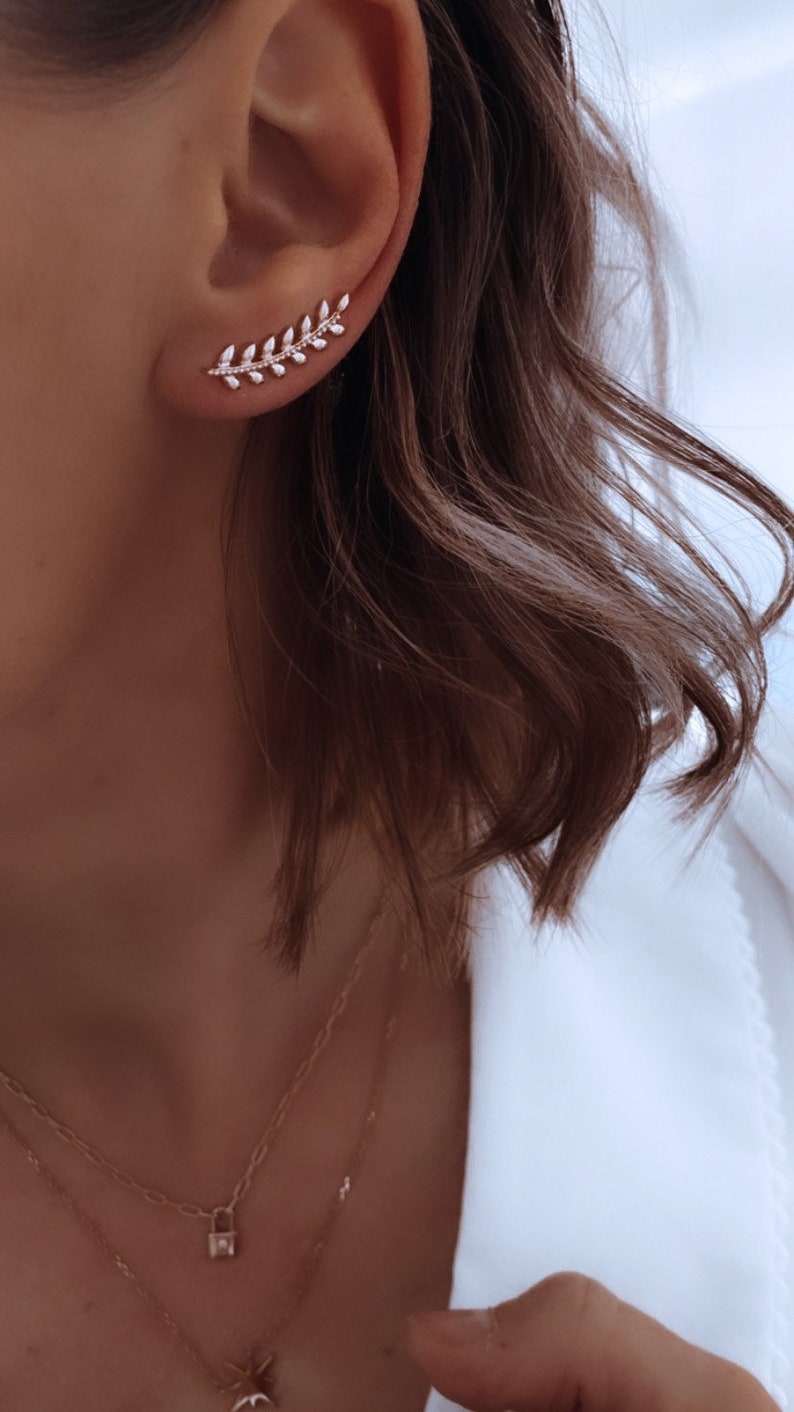Gold plated laurel leaf earrings for women image 1