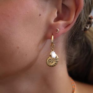 Gold stainless steel hoop earrings for women, shell hoop pendant, freshwater pearl earring, women&#39;s gift