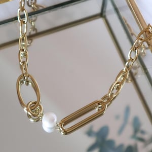 Large gold stainless steel chain necklace for women, mother-of-pearl pearl necklace, trendy summer necklace, women&#39;s gift