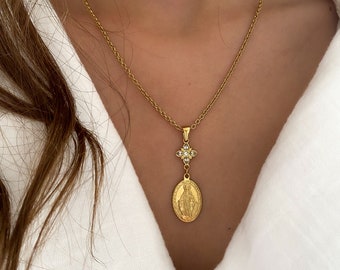 Madonna medal necklace in gold stainless steel for women, Virgin Mary pendant, gift for women