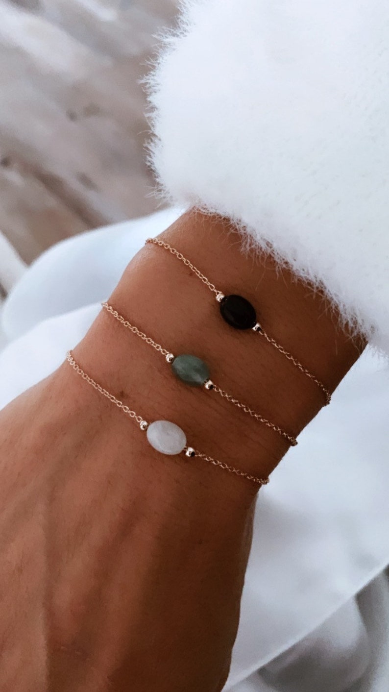 Bracelet fin pierre naturelle en plaqué or pour femme, bracelet pierre de lune, aventurine, obsidienne, cadeau pour femme image 2