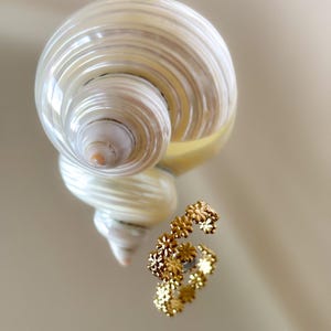 May include: A spiral seashell with a pearlescent sheen is positioned above a gold-colored ring adorned with small flower-shaped embellishments. The ring is reflected on a mirrored surface, creating a symmetrical composition. The background is a soft, neutral tone.