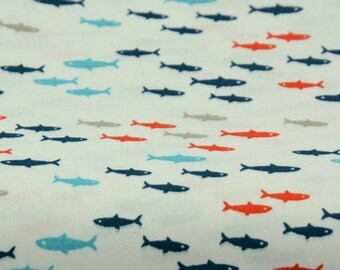 50cm of fabric printed "Littles fihes" 100% cotton white background