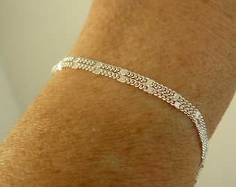 Massives Silberarmband, zweireihiges Armband, Panzerkette, flache Quadrate, 925er Silber, für Damen, für Mädchen, Geschenk