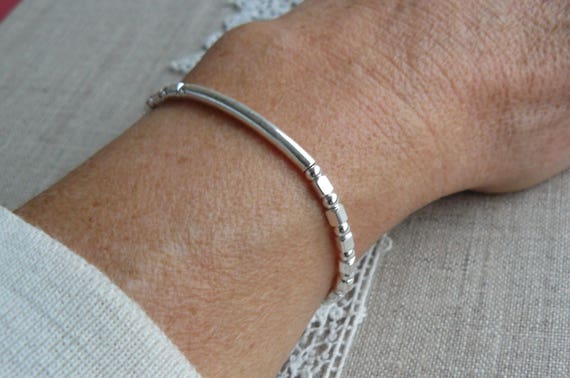 Bracelet argent 925, bracelet élastique, jonc argent, perles rondes, perles  carrées, argent massif, pour femmes, pour filles -  France