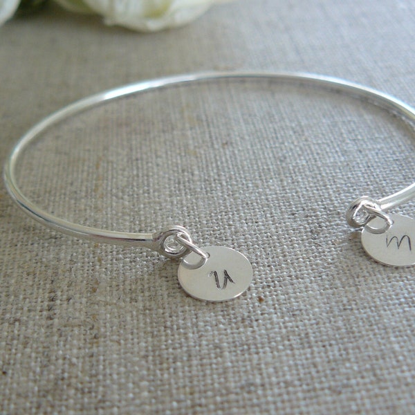 Solid silver bangle bracelet, customizable initial medals, open silver bangle, solid silver, for women, gift